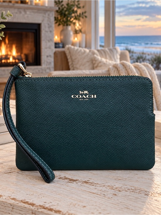 Coach Handbags - COACH Dark Green Pebbled Leather Wristlet with Gold Logo